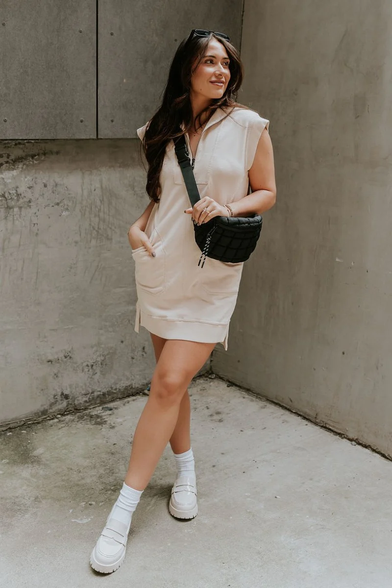 Lottie Tan Quarter-Zip Sleeveless Mini Dress