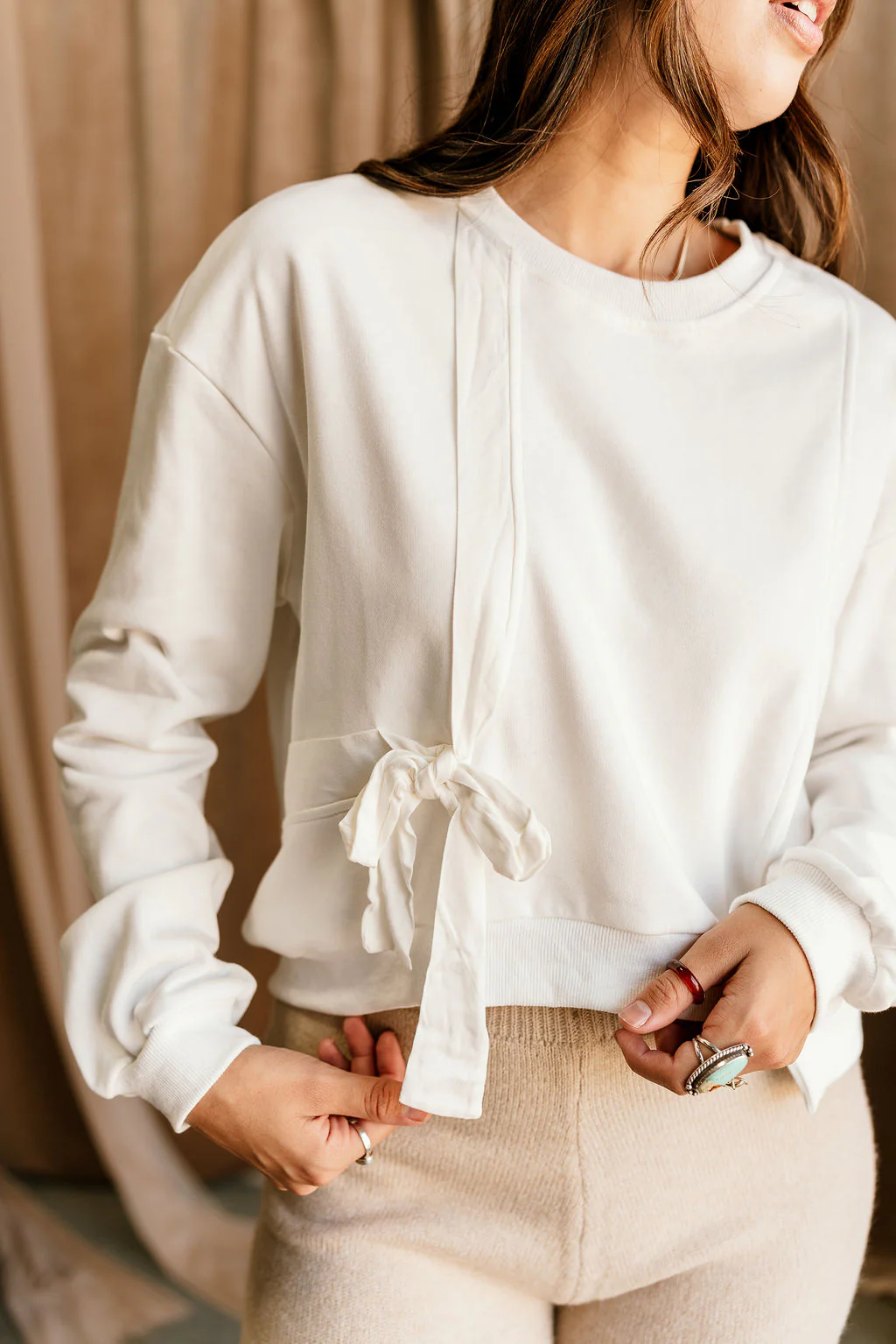 Alaina White Side Tie Long Sleeve Top - Image 2