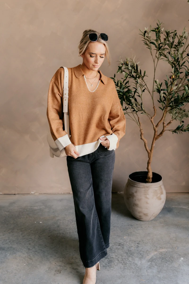 Lucia Camel & Cream Collared Sweater