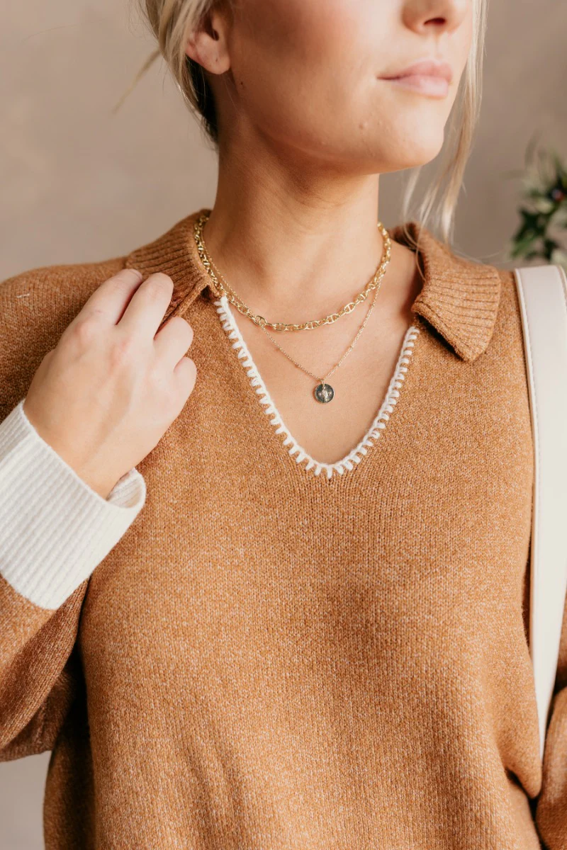 Lucia Camel & Cream Collared Sweater - Image 4