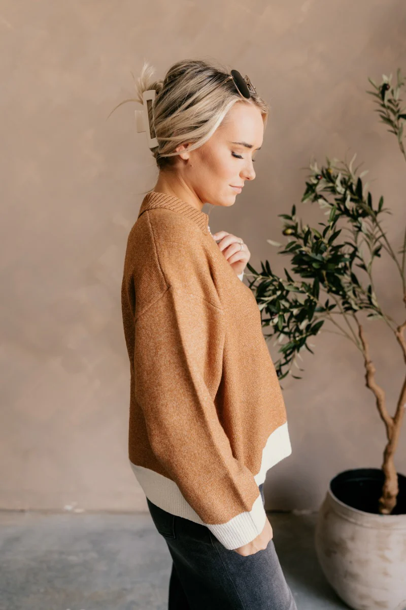 Lucia Camel & Cream Collared Sweater - Image 5