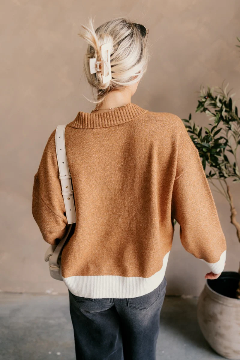 Lucia Camel & Cream Collared Sweater - Image 6