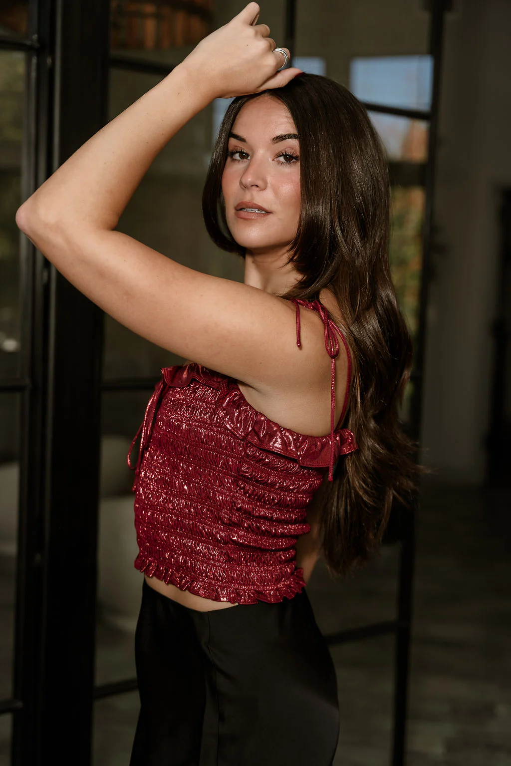Lucia Deep Red Shimmer Smocked Tank - Image 3