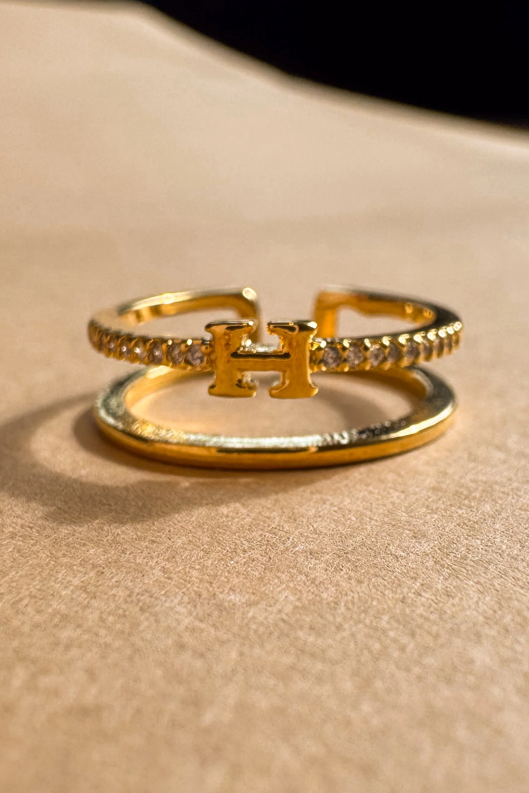 Lucia Gold & Rhinestone H Double Ring