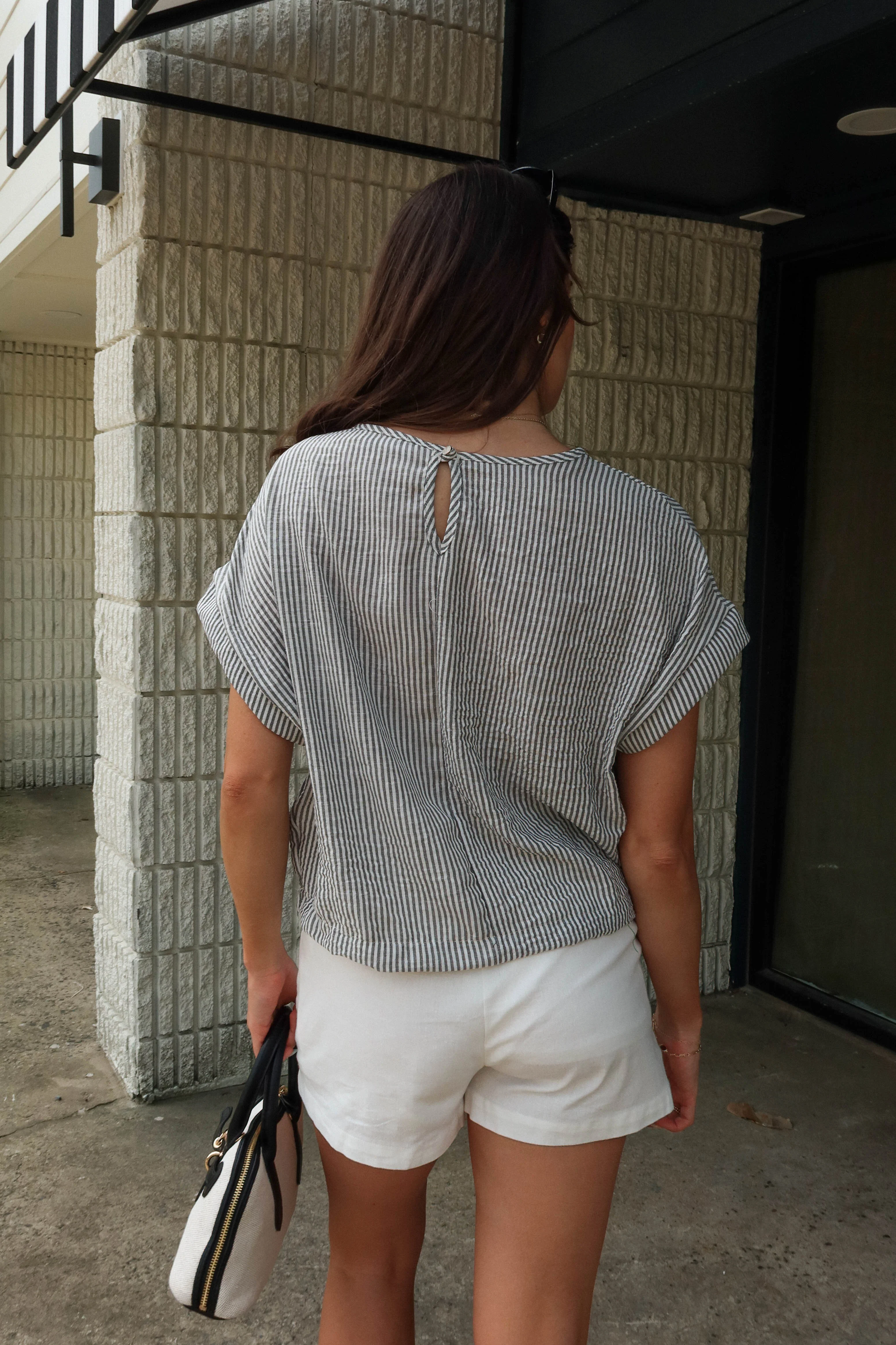 Lucille Grey & White Linen Stripe Top - Image 4