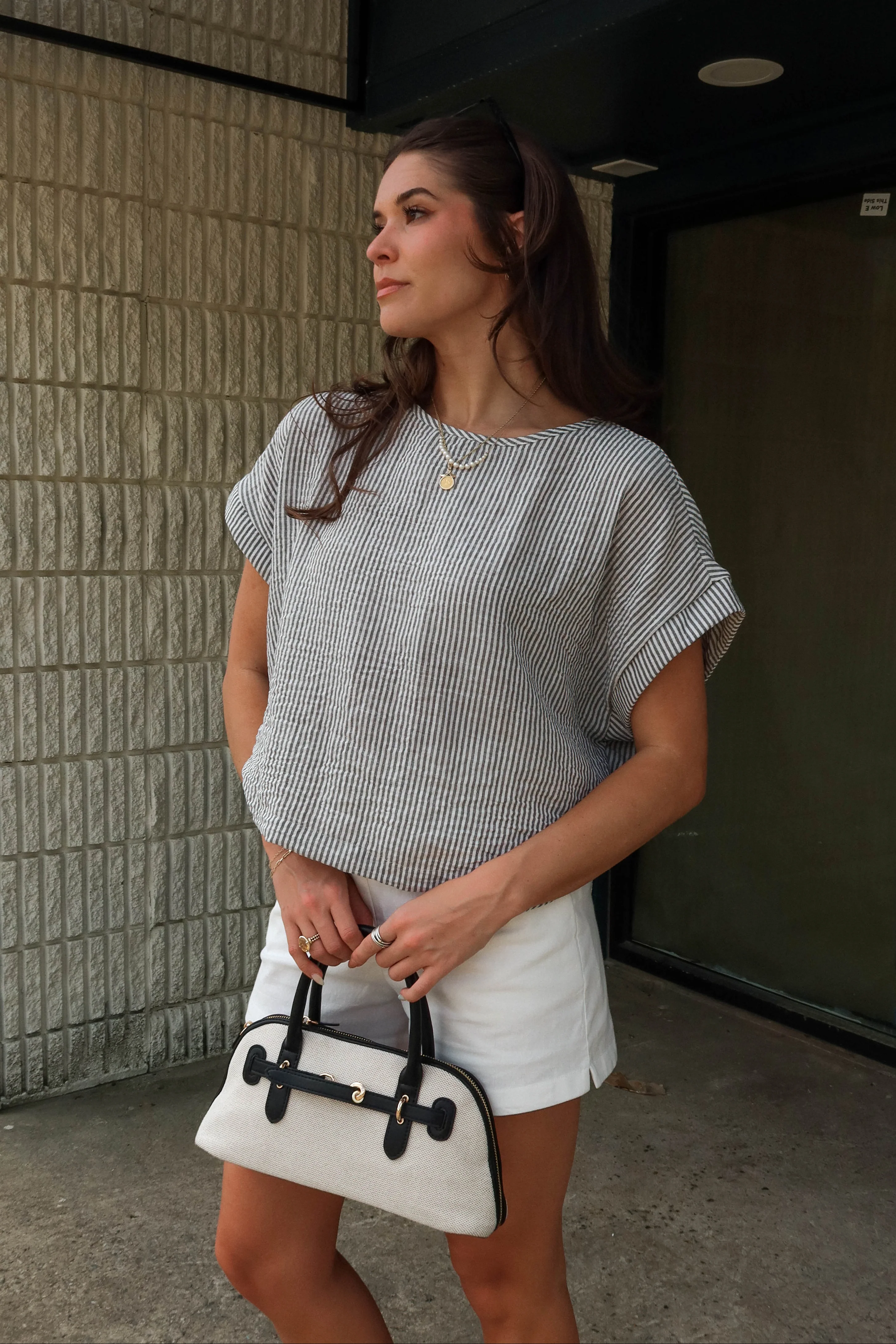 Lucille Grey & White Linen Stripe Top - Image 5