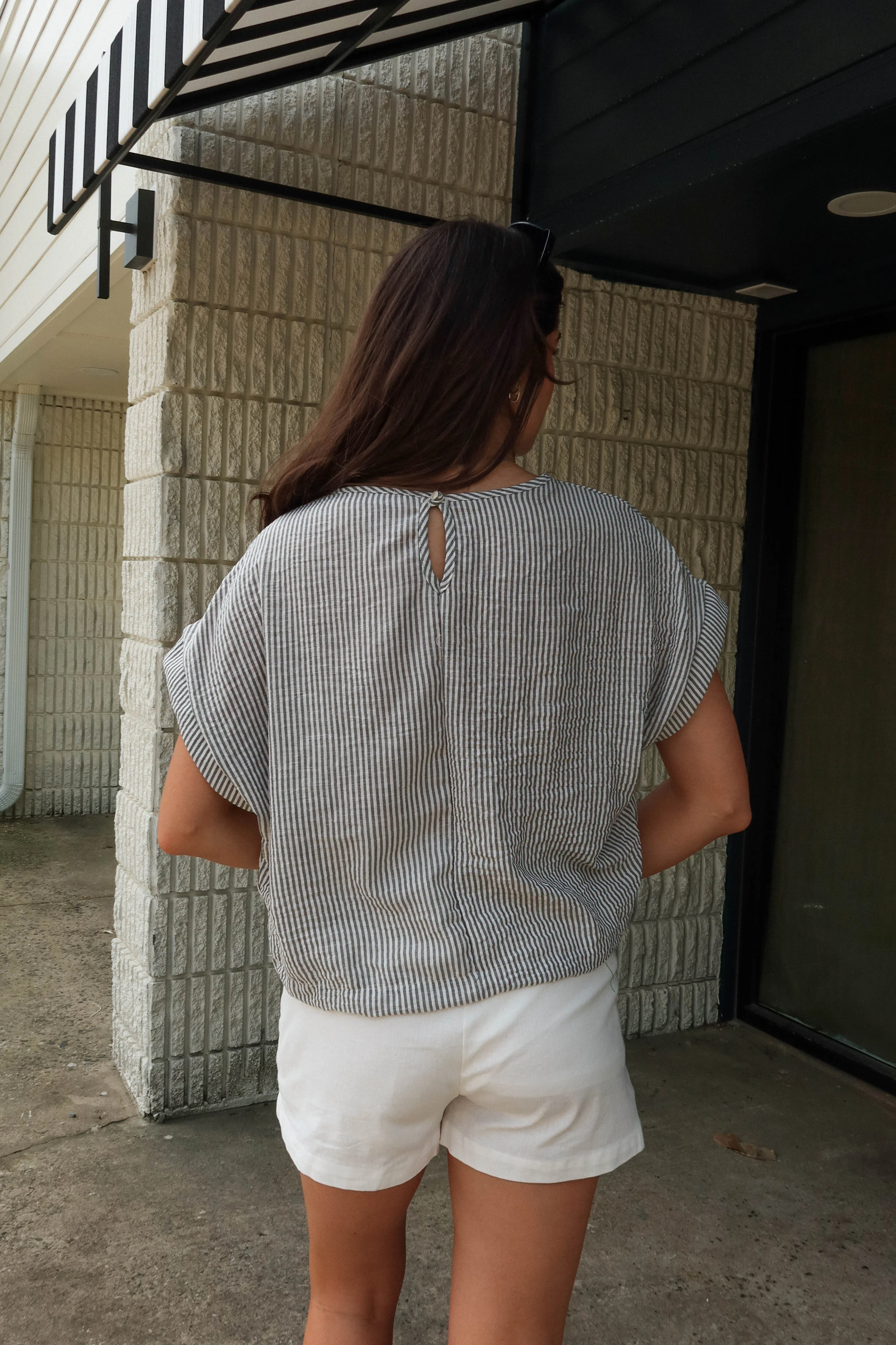Lucille Grey & White Linen Stripe Top - Image 6