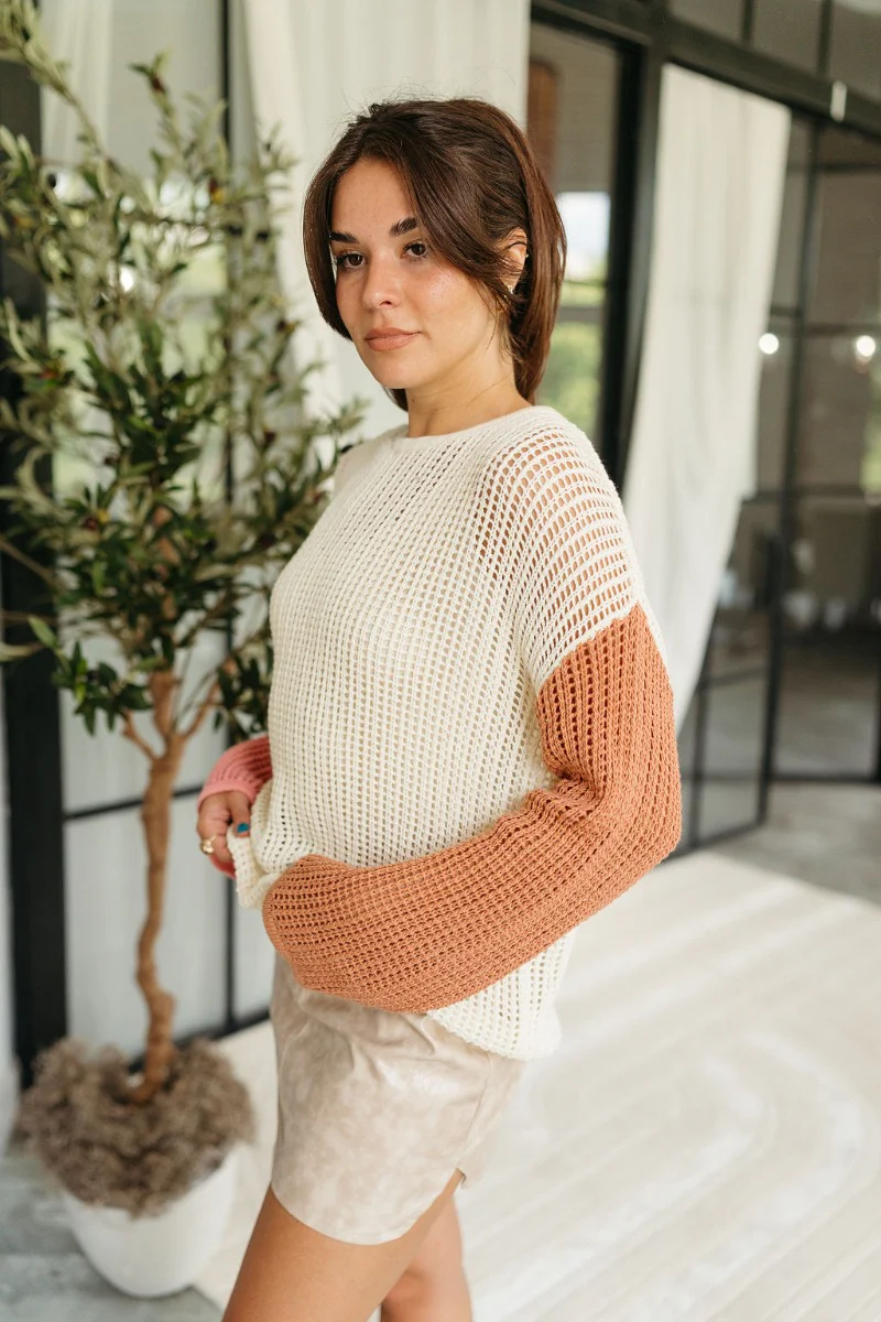 Lucy Cream Colorblock Open Knit Sweater - Image 3