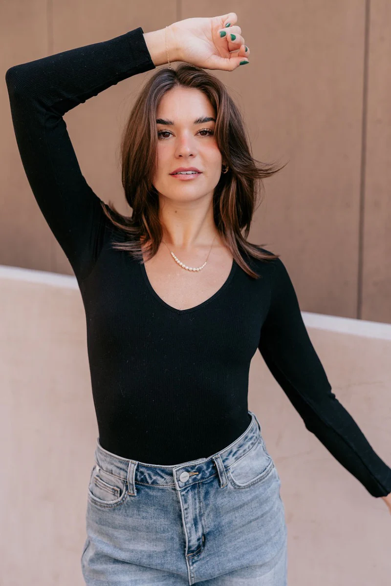 Luna Black Ribbed Long Sleeve Bodysuit - Image 2