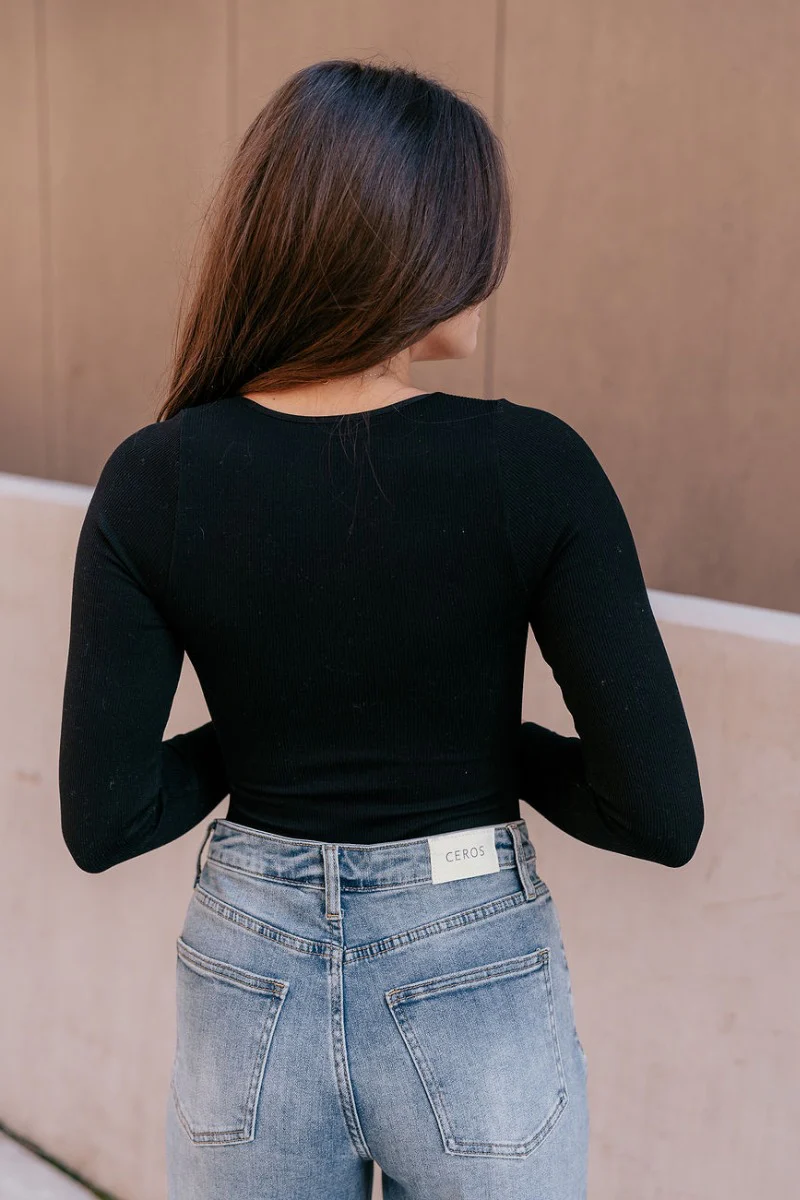 Luna Black Ribbed Long Sleeve Bodysuit - Image 7