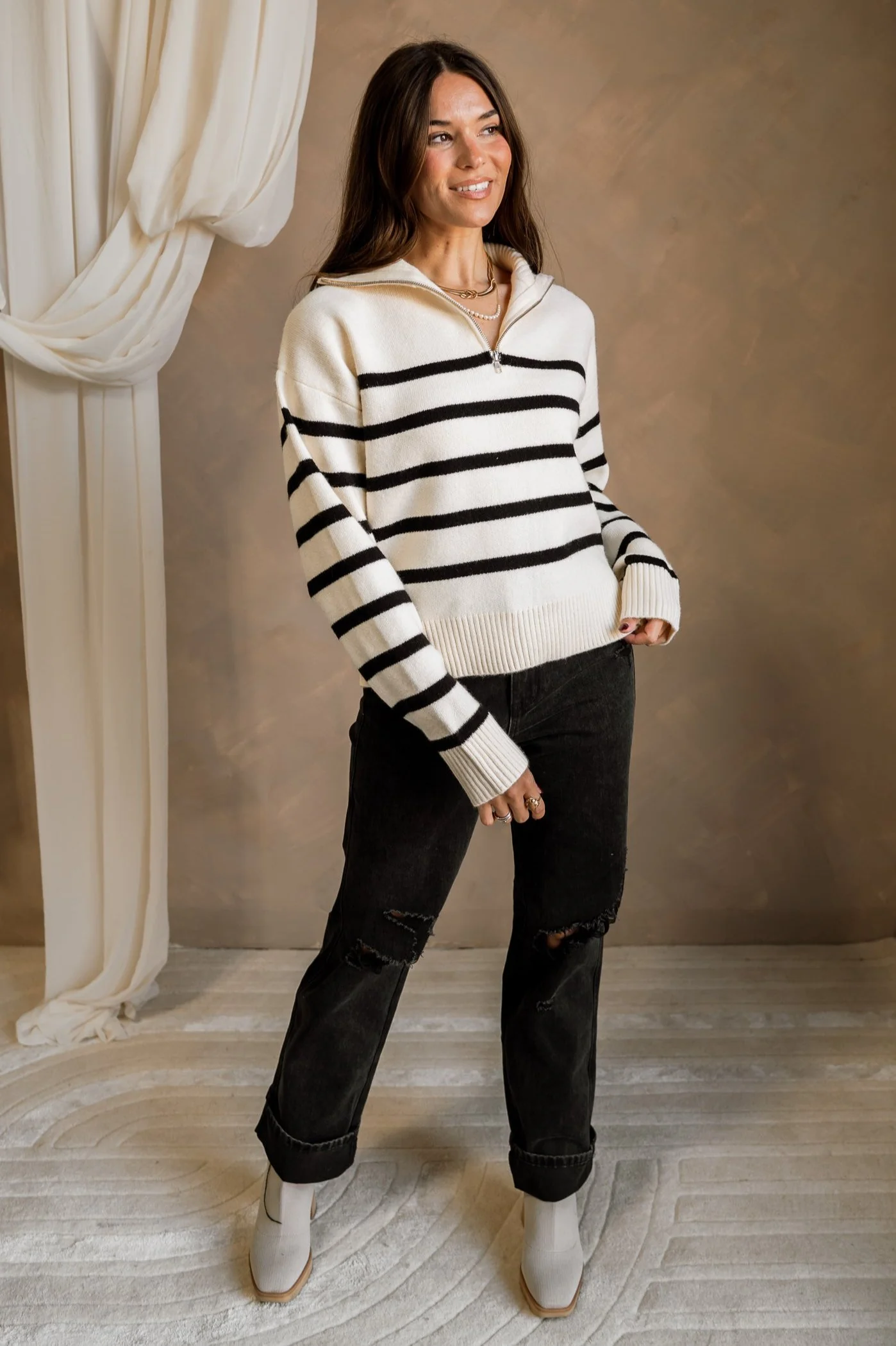 Luna Cream & Black Quarter Zip-Up Sweater - Image 2
