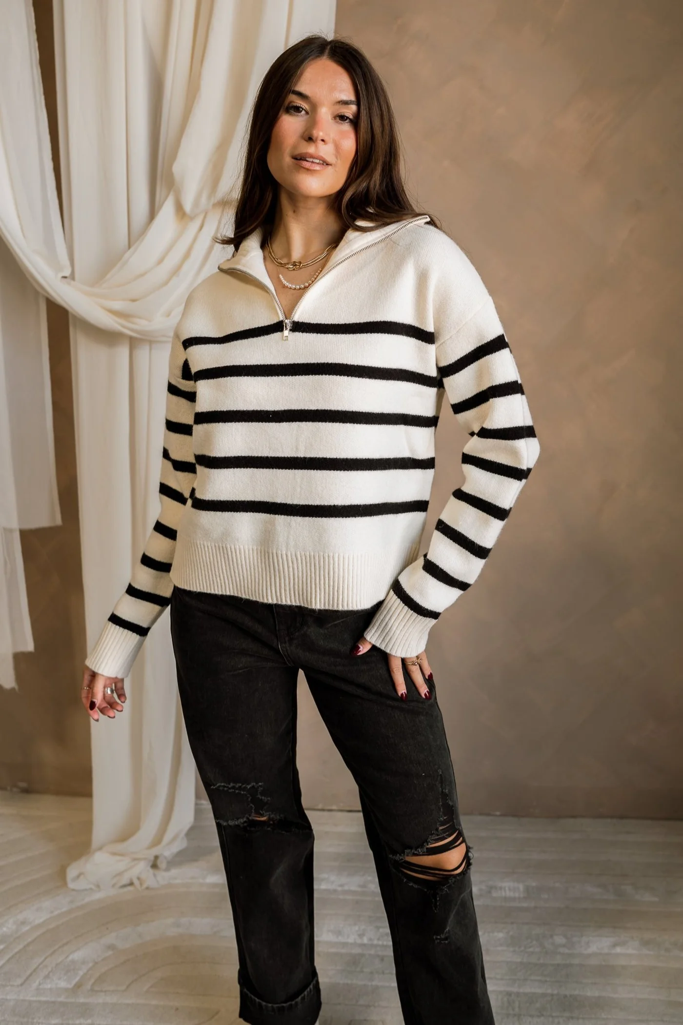 Luna Cream & Black Quarter Zip-Up Sweater - Image 5