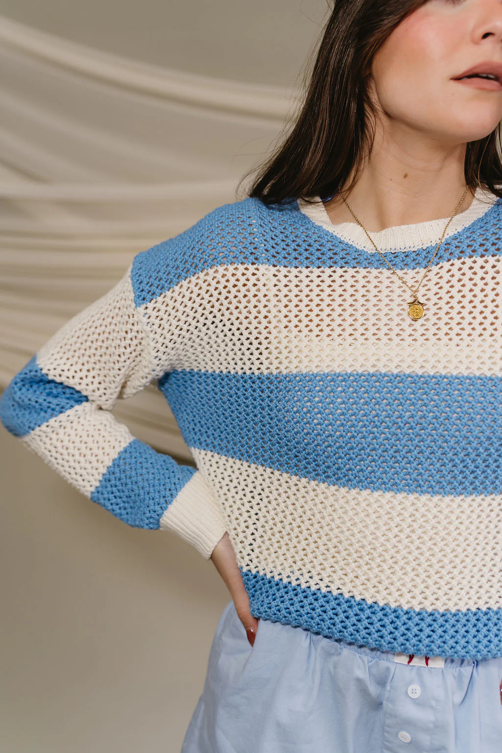 Lyla Blue & White Stripe Knit Sweater - Image 3