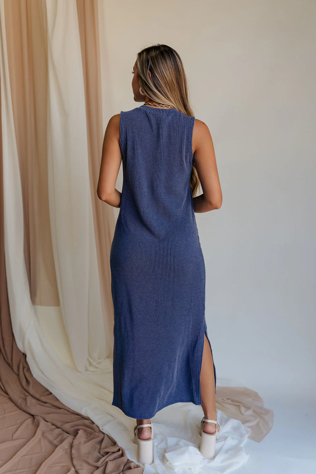 Lyla Navy Ribbed Midi Dress - Image 5