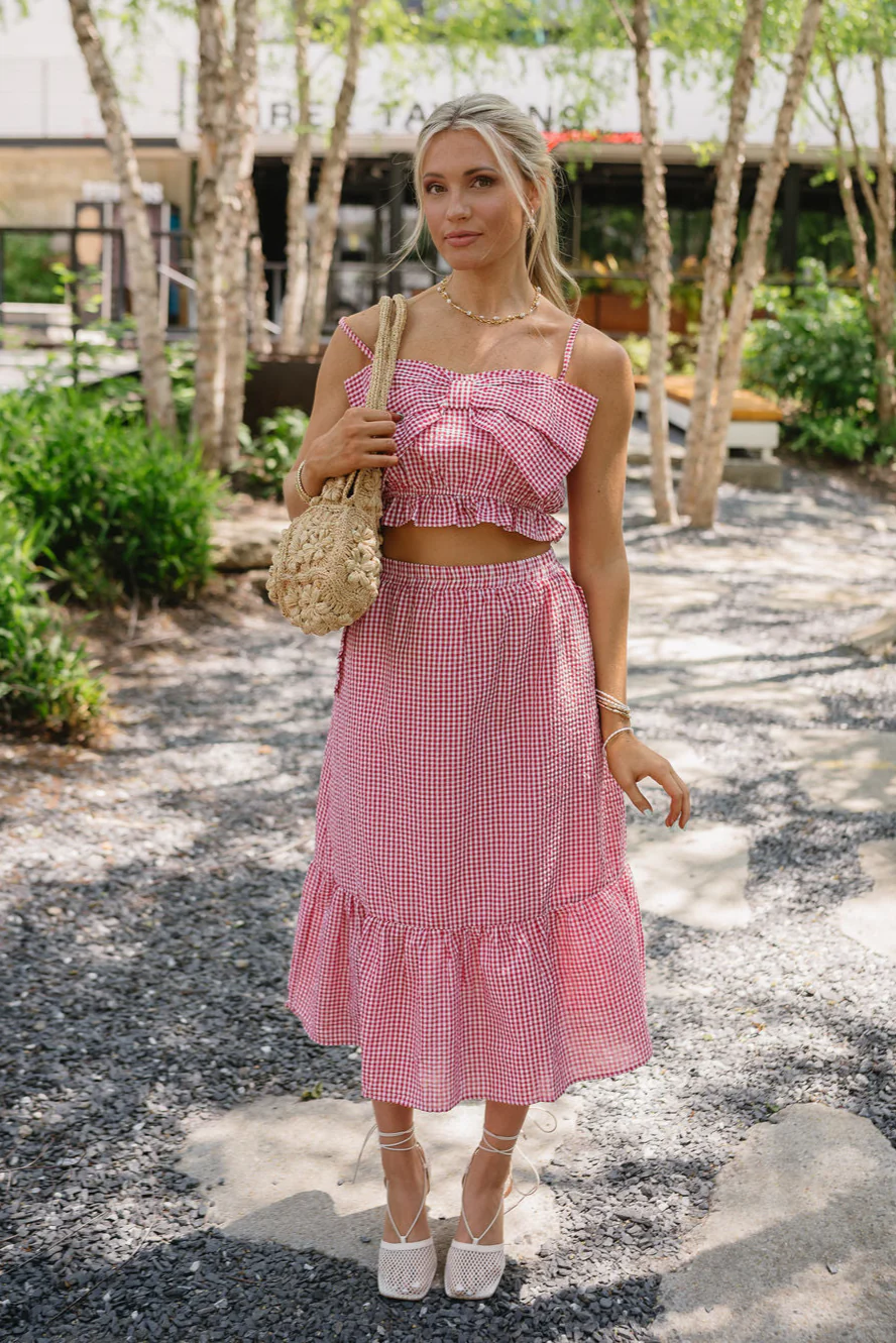 Lyla Red & White Gingham Flare Midi Skirt - Image 2