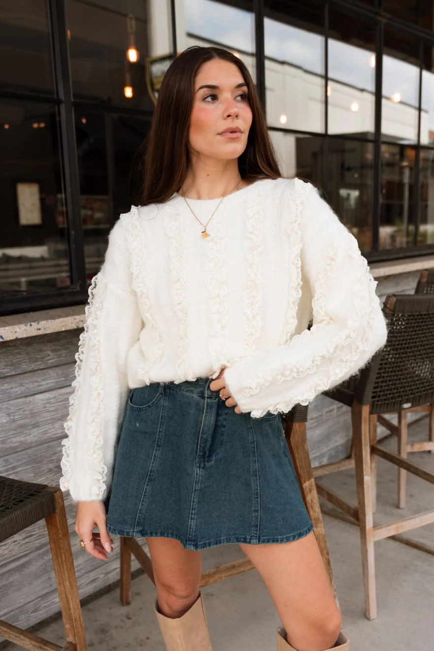 Lylah Ivory Ruffle & Lace Knit Sweater