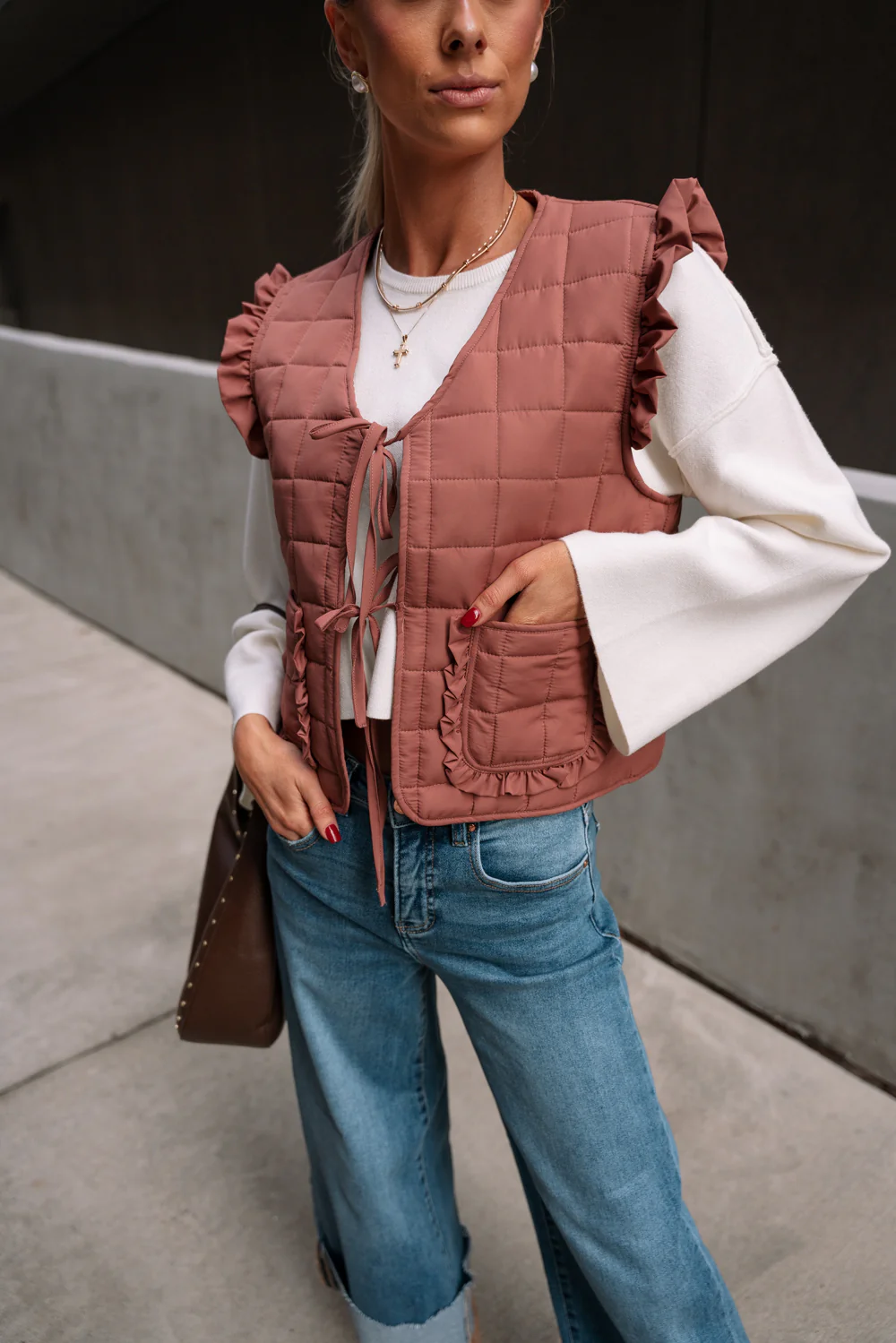 Lyra Mauve Puffer Ruffle Tie Vest - Image 2