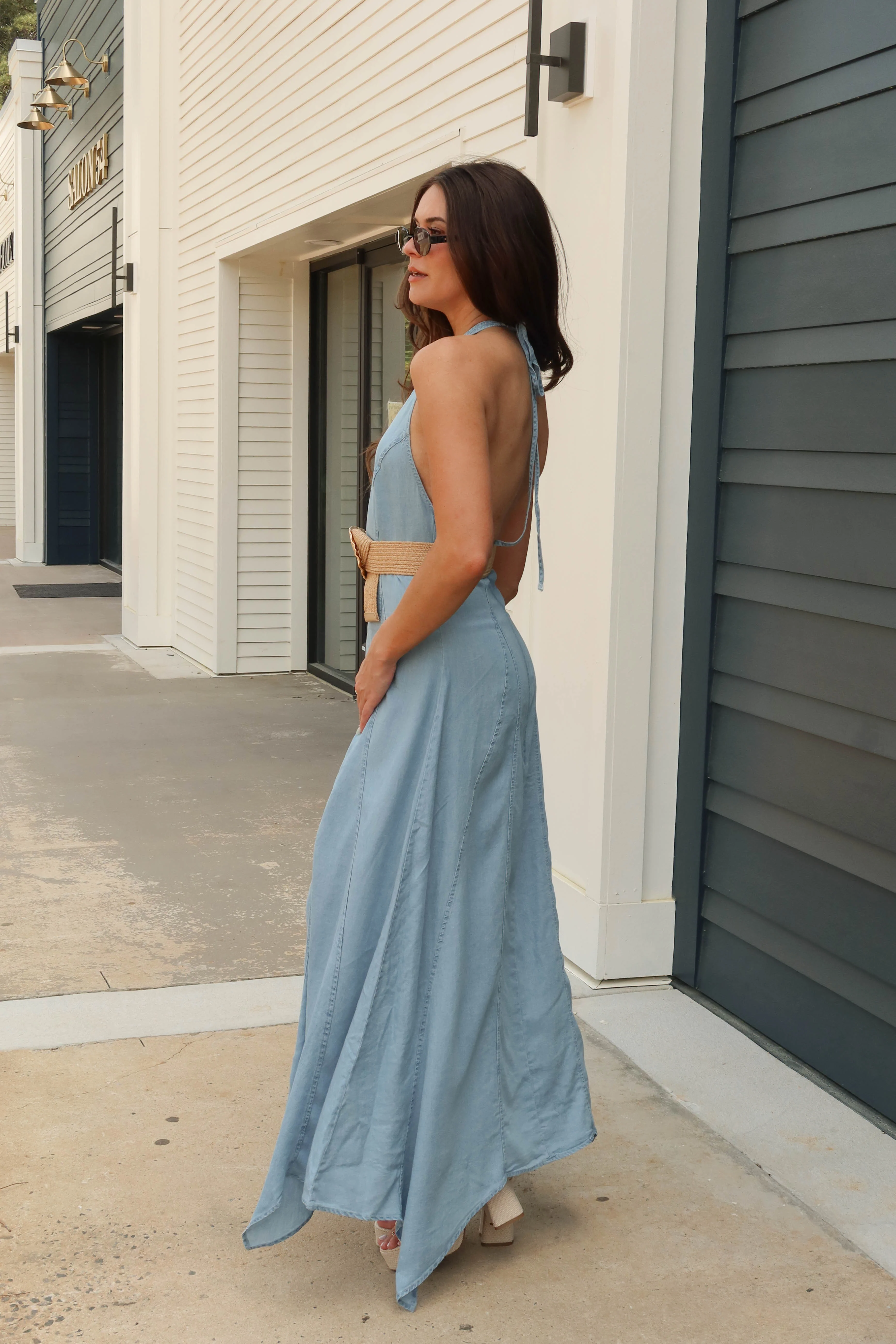 Mabel Blue Chambray Halter Maxi Dress - Image 4