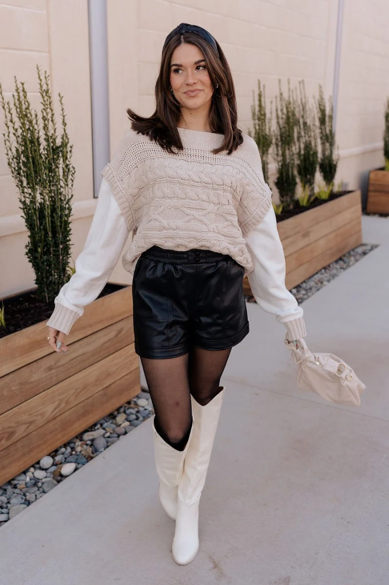 Madalyn Beige & White Cable Knit Long Sleeve Sweater