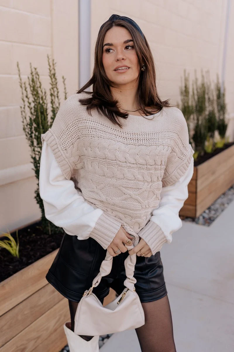 Madalyn Beige & White Cable Knit Long Sleeve Sweater - Image 3