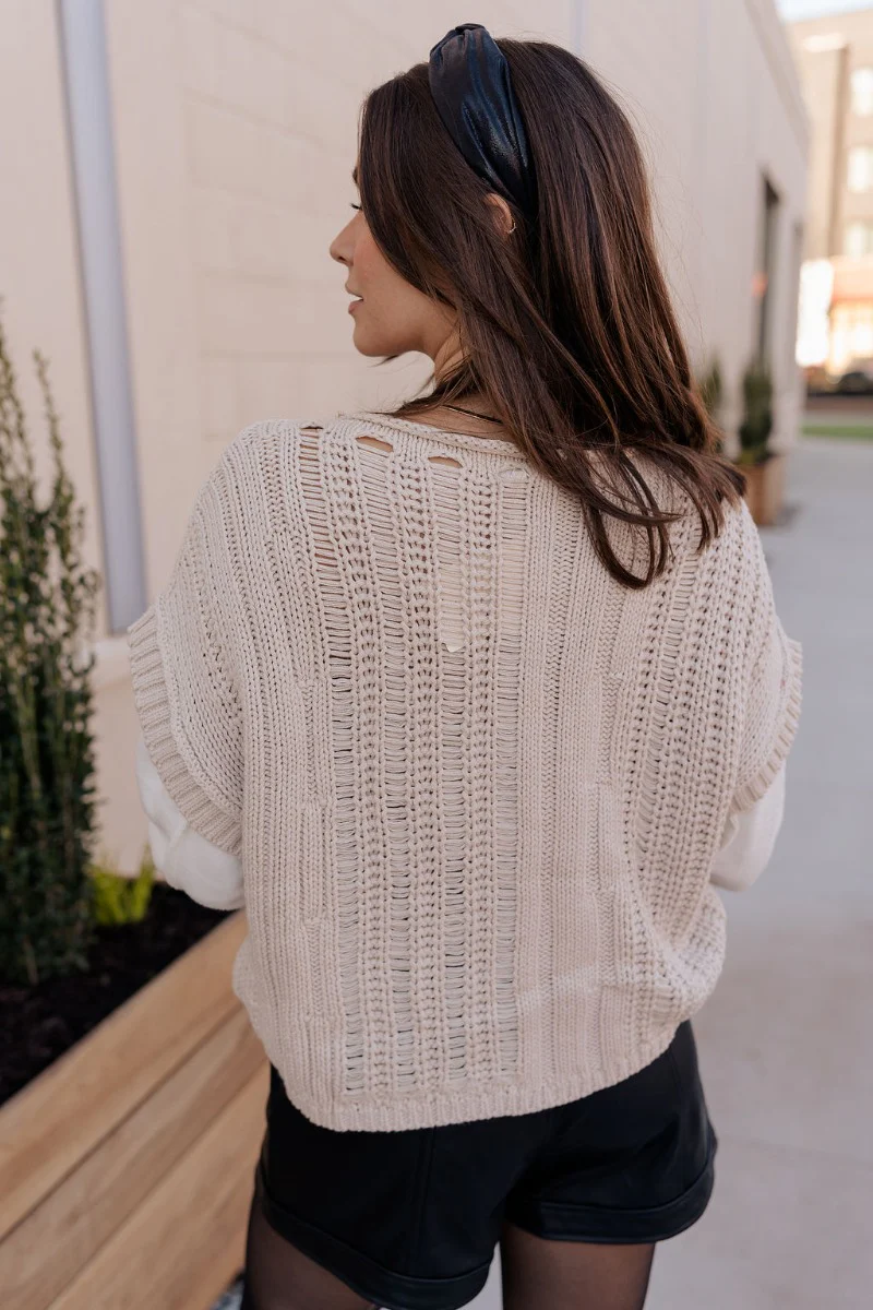 Madalyn Beige & White Cable Knit Long Sleeve Sweater - Image 5