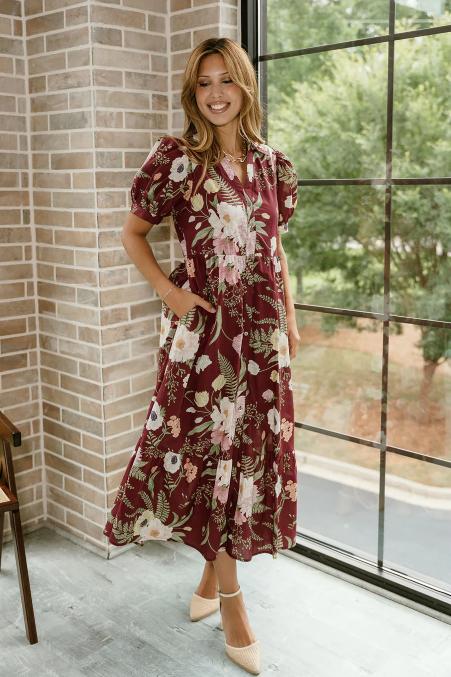 Madeline Burgundy Floral Midi Dress