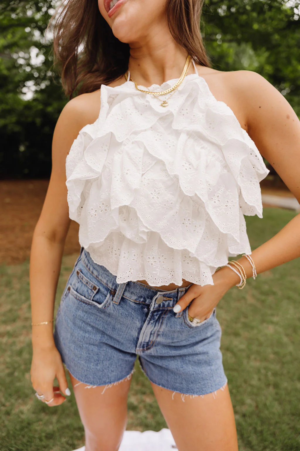 Madeline White Eyelet Ruffle Tank Top - Image 5