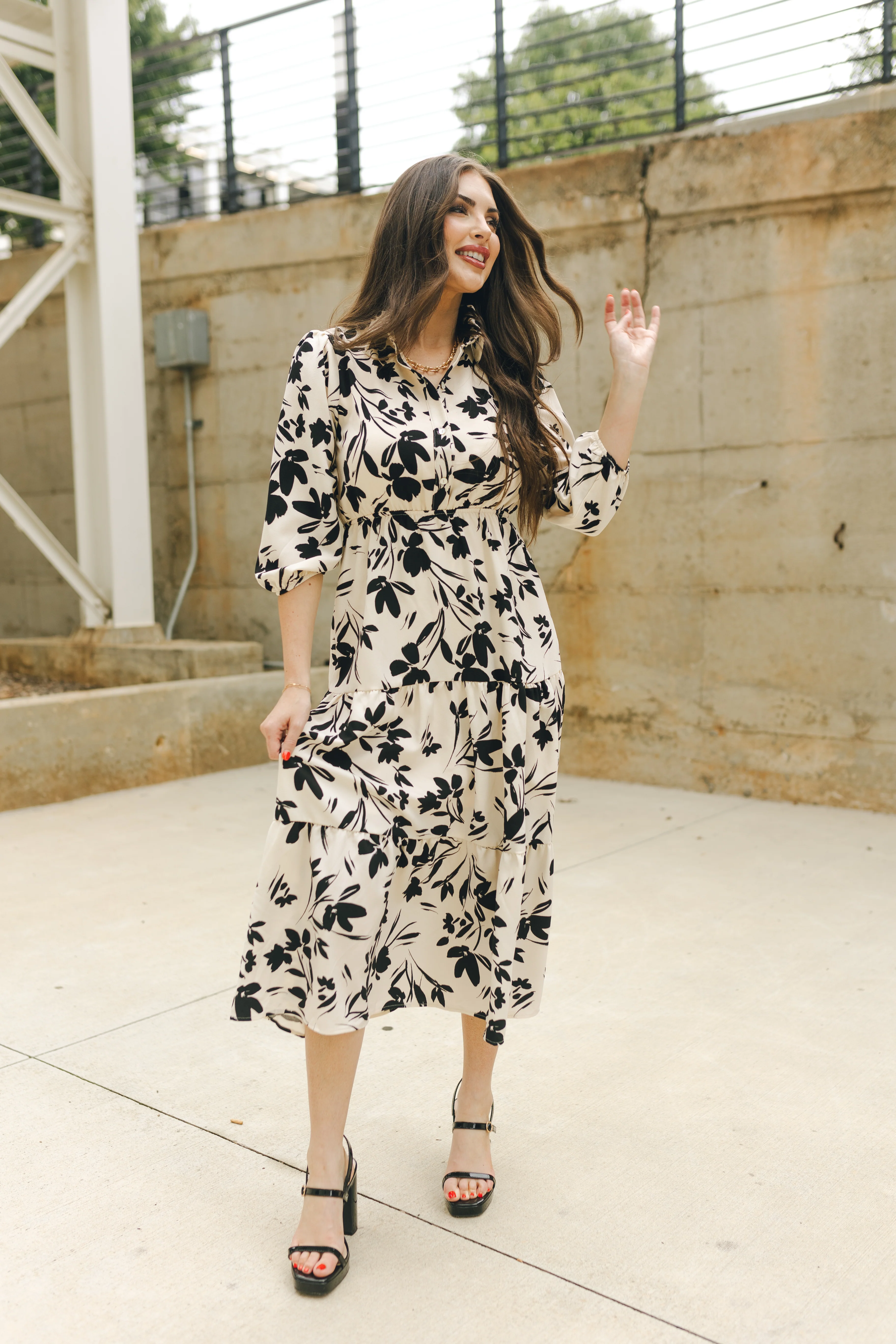 Maggie Cream and Black Floral Midi Dress - Image 5