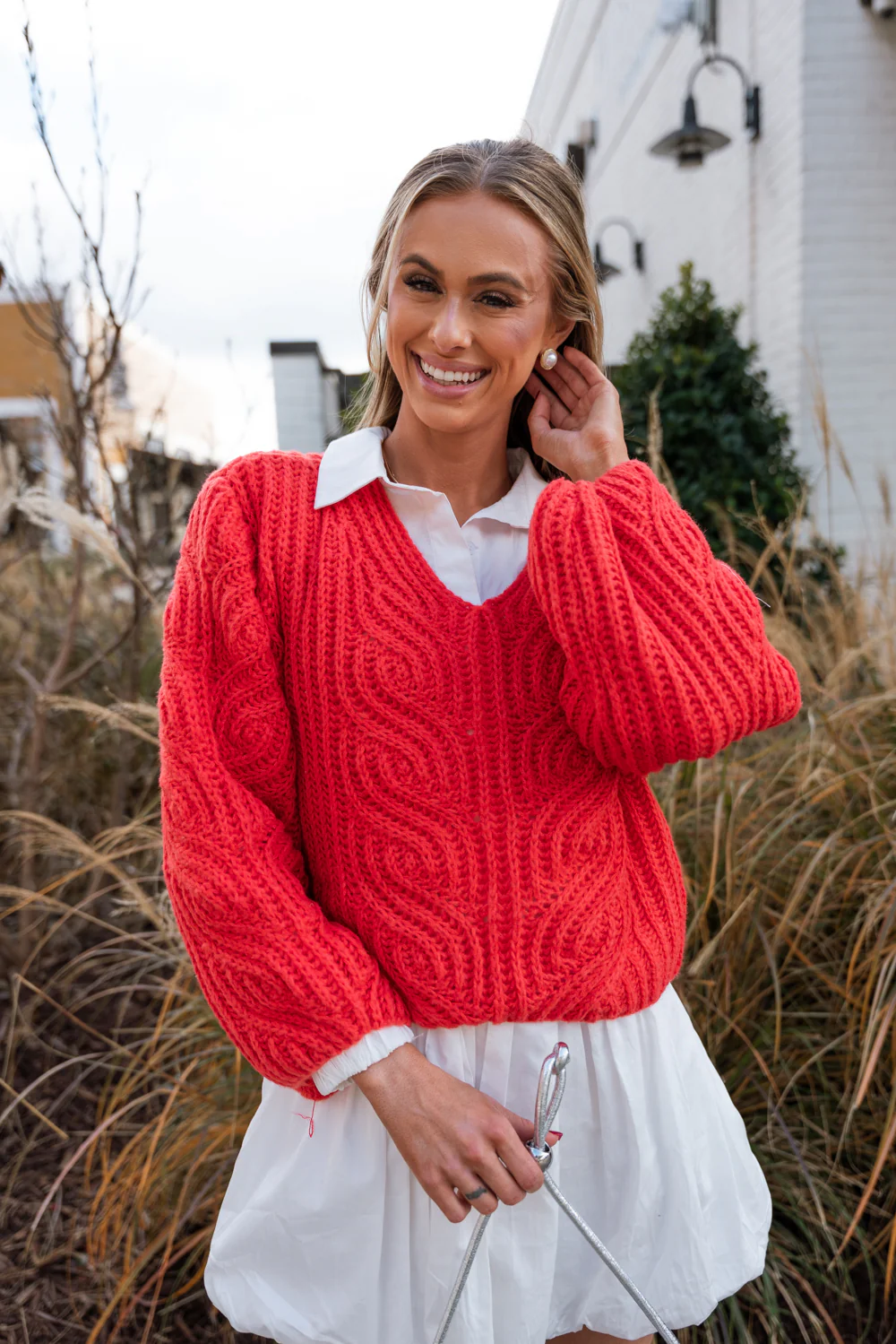 Mallory Red Cable Knit V-Neck Sweater