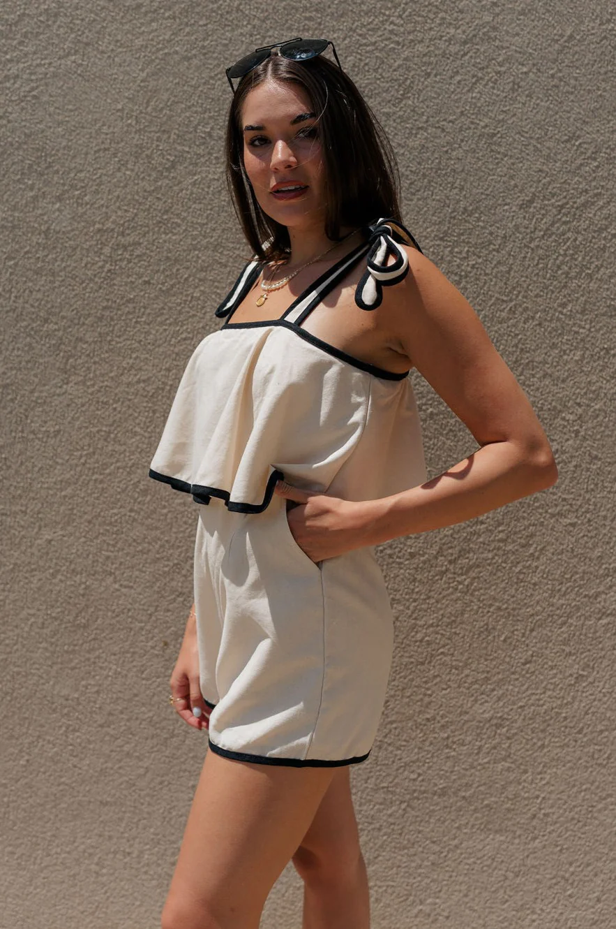 Mara Oatmeal & Black Linen Tie Straps Romper
