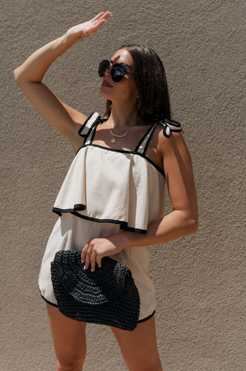Mara Oatmeal & Black Linen Tie Straps Romper - Image 6