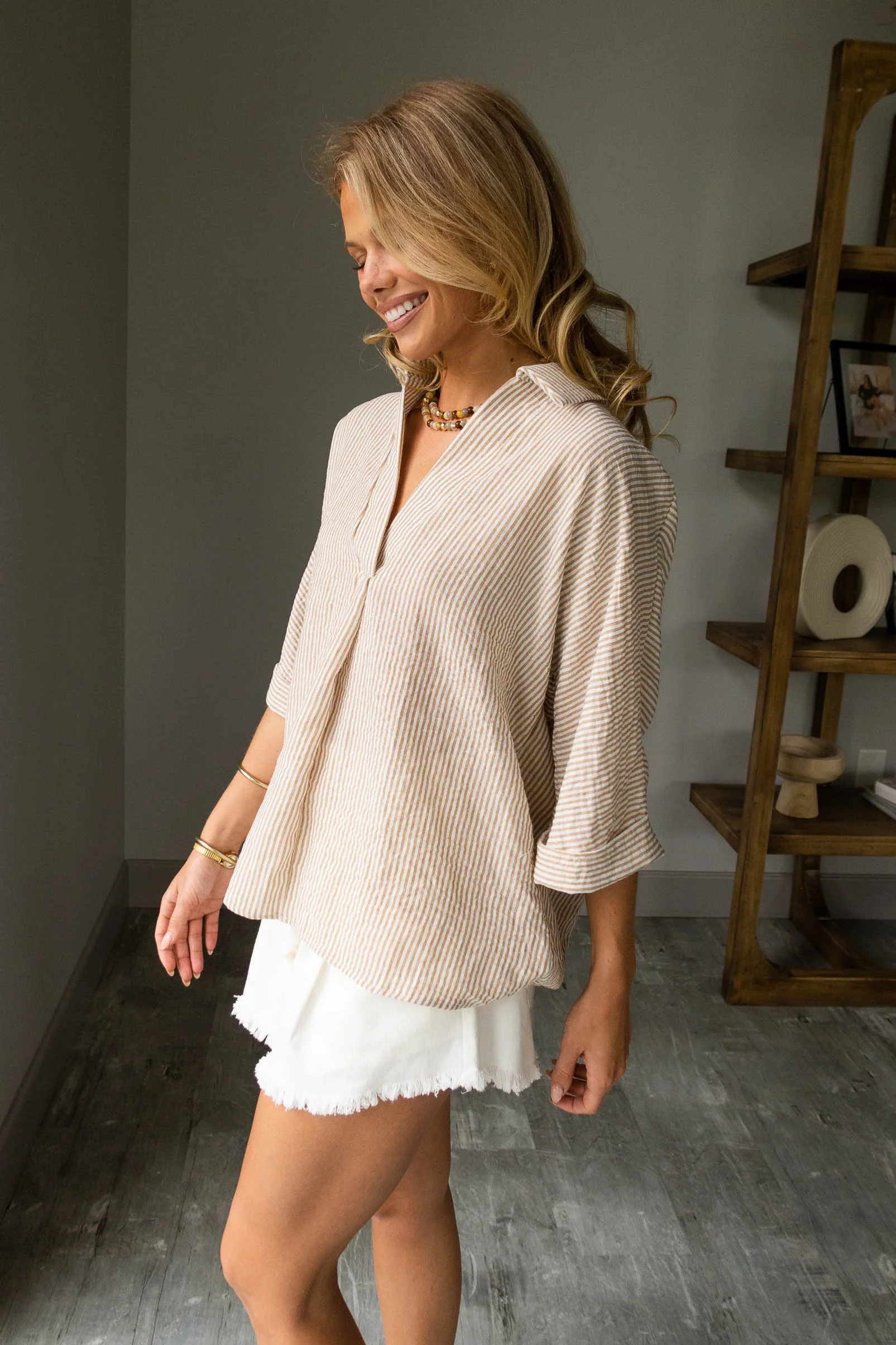 Mara Taupe & White Striped Short Sleeve Top - Image 3