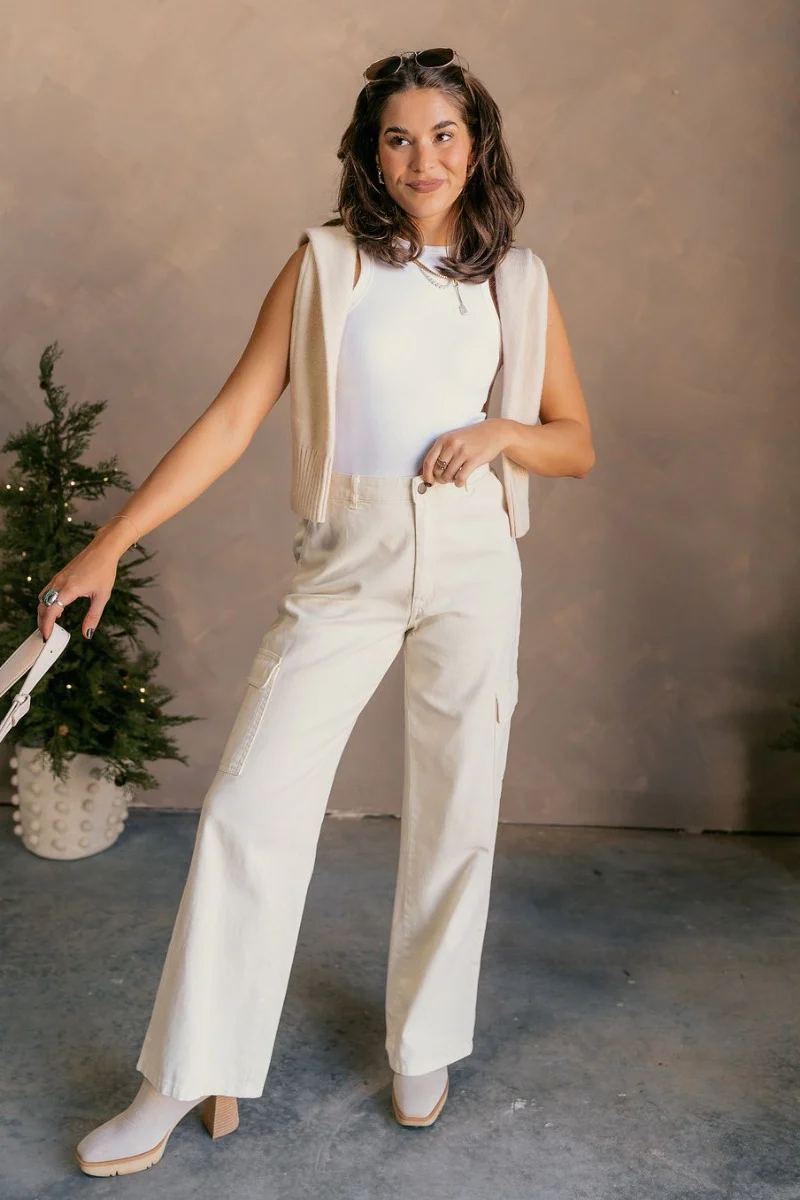 Margo Cream Denim Cargo Pants - Image 2