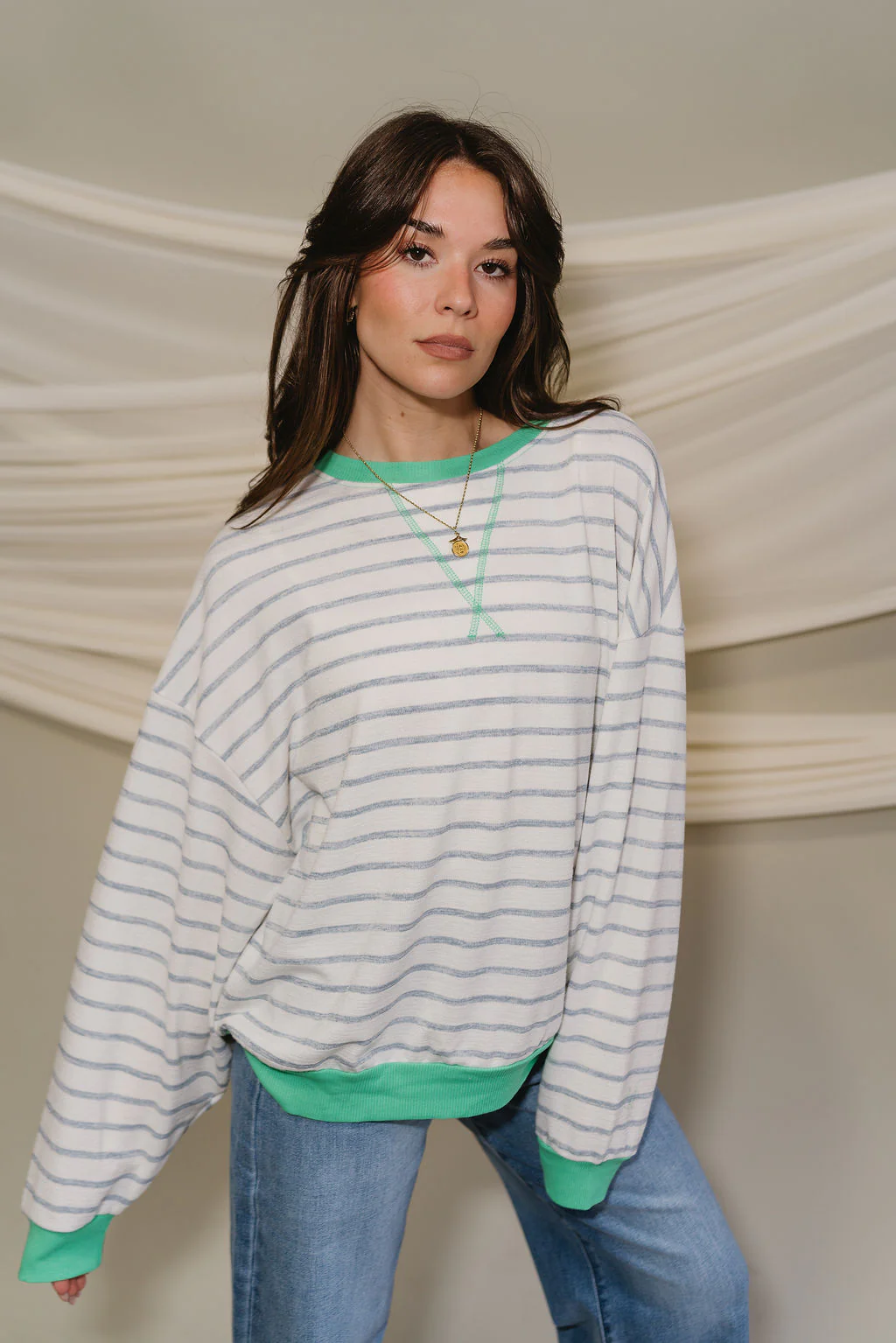Margot Blue & Green Stripe White Long Sleeve Top