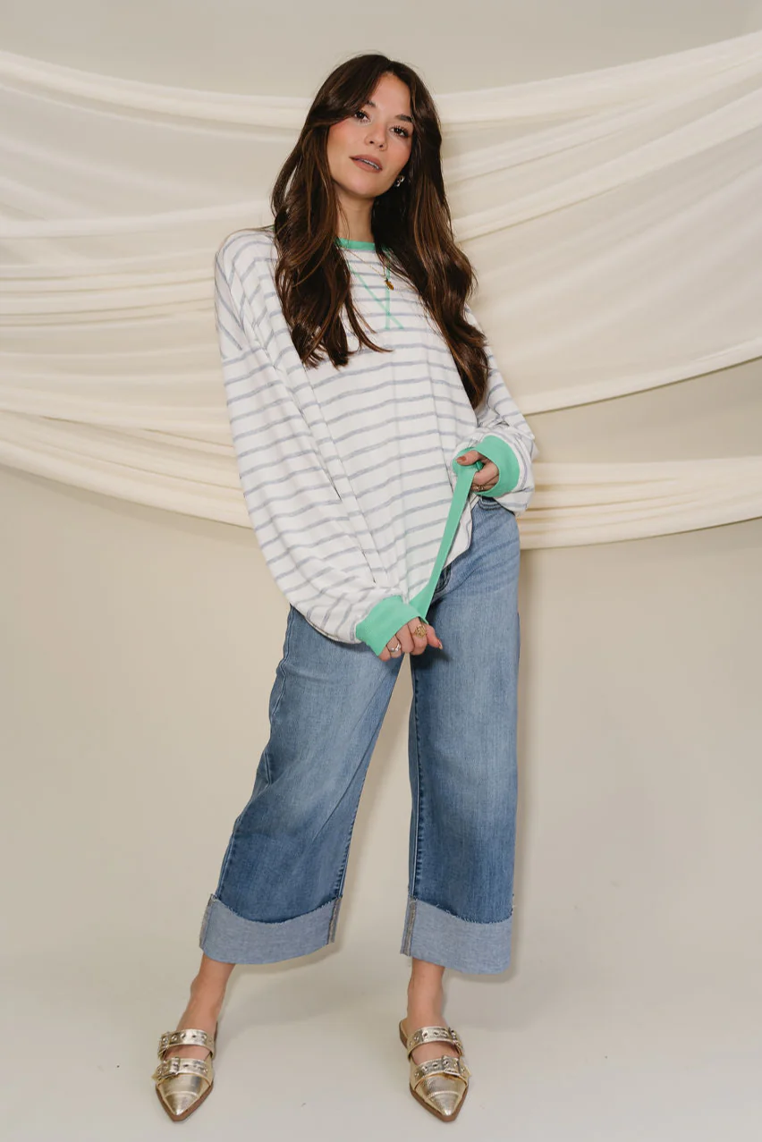 Margot Blue & Green Stripe White Long Sleeve Top - Image 3