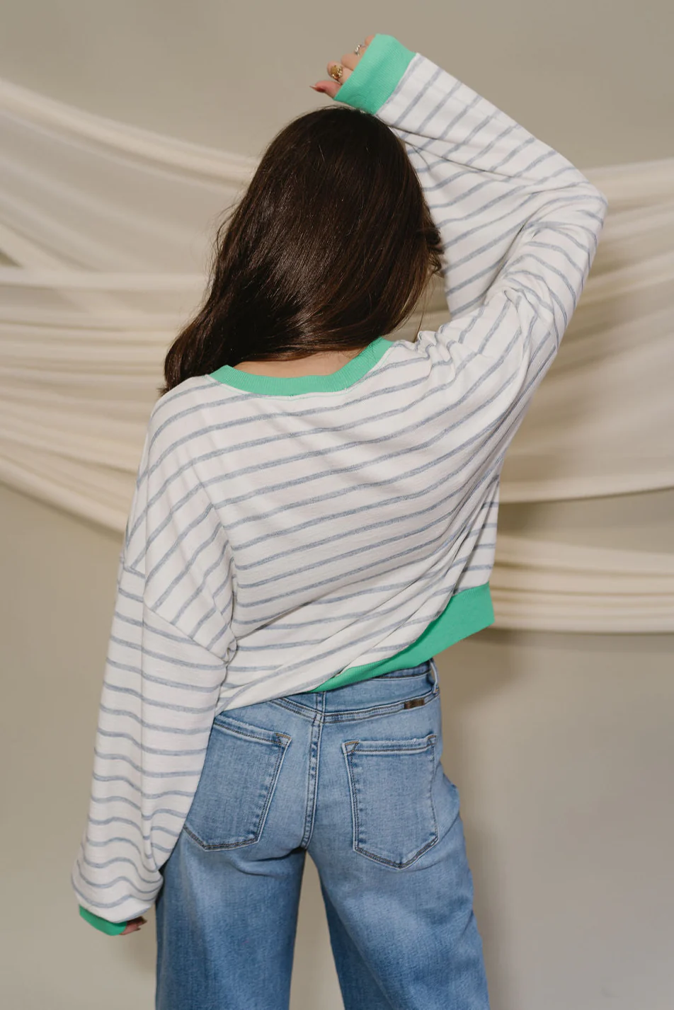 Margot Blue & Green Stripe White Long Sleeve Top - Image 4