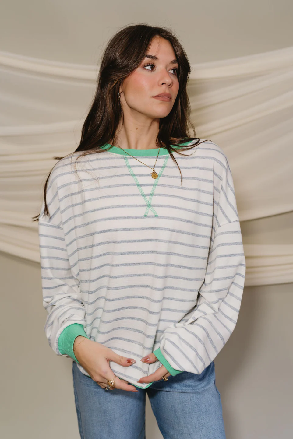 Margot Blue & Green Stripe White Long Sleeve Top - Image 5
