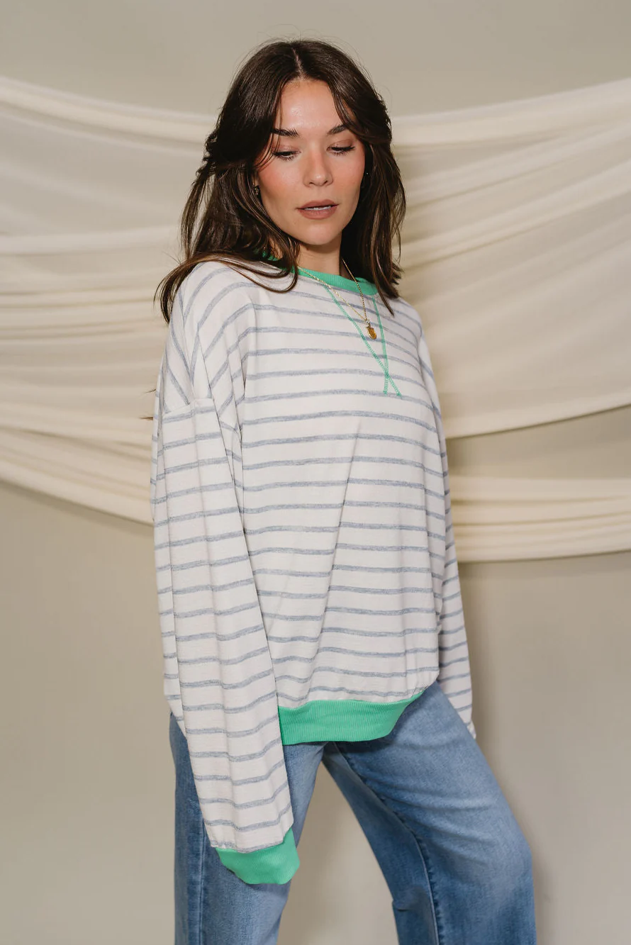 Margot Blue & Green Stripe White Long Sleeve Top - Image 6