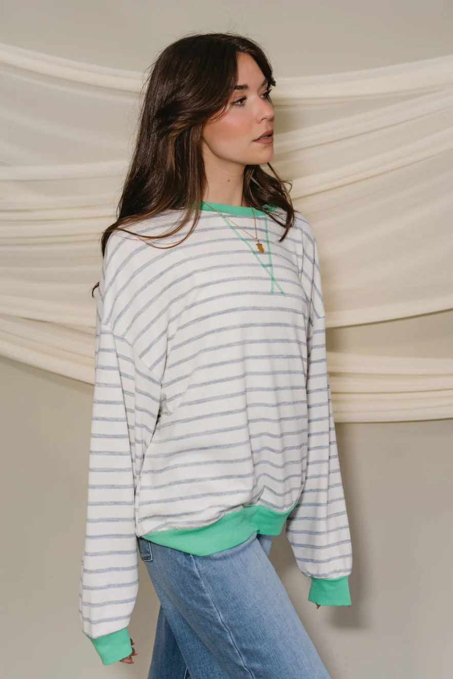 Margot Blue & Green Stripe White Long Sleeve Top - Image 7