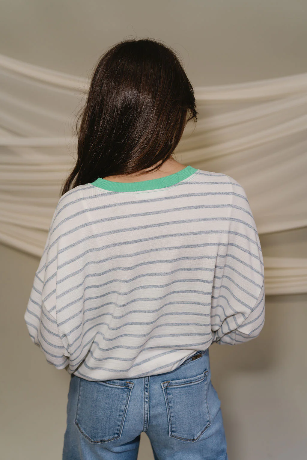 Margot Blue & Green Stripe White Long Sleeve Top - Image 8