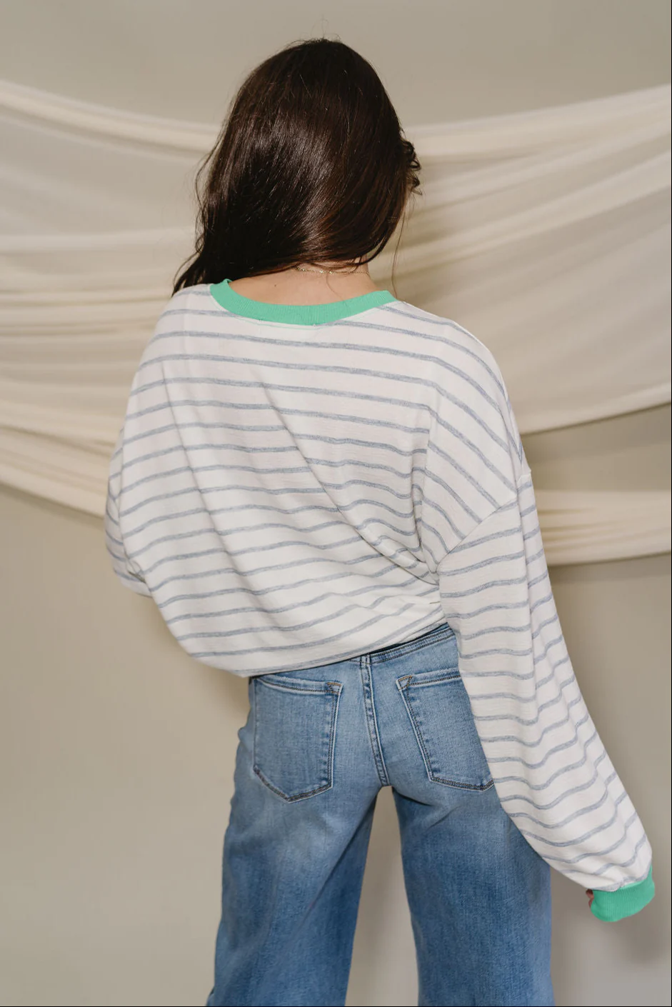 Margot Blue & Green Stripe White Long Sleeve Top - Image 9