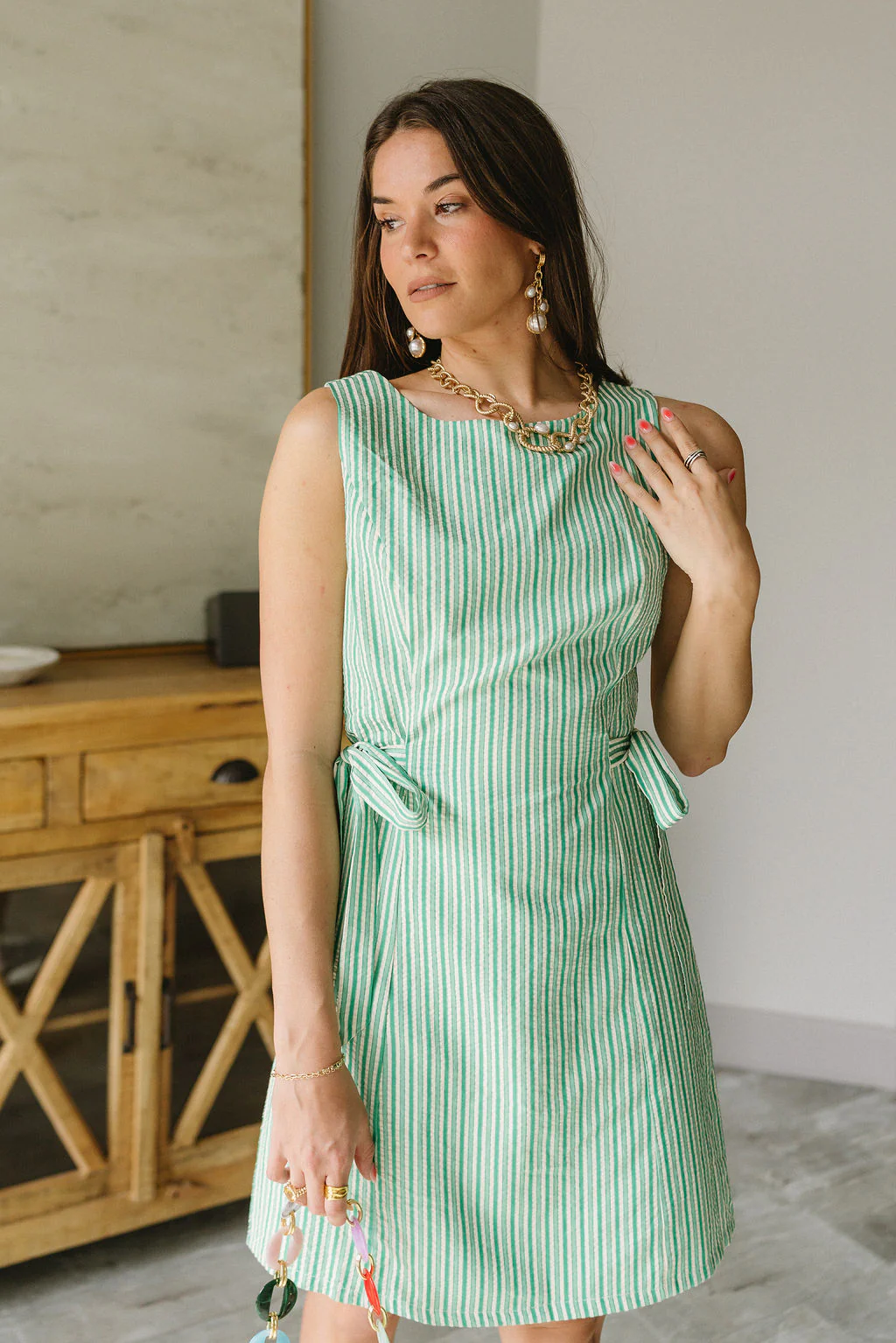 Margot Green & White Stripe Side Ties Mini Dress