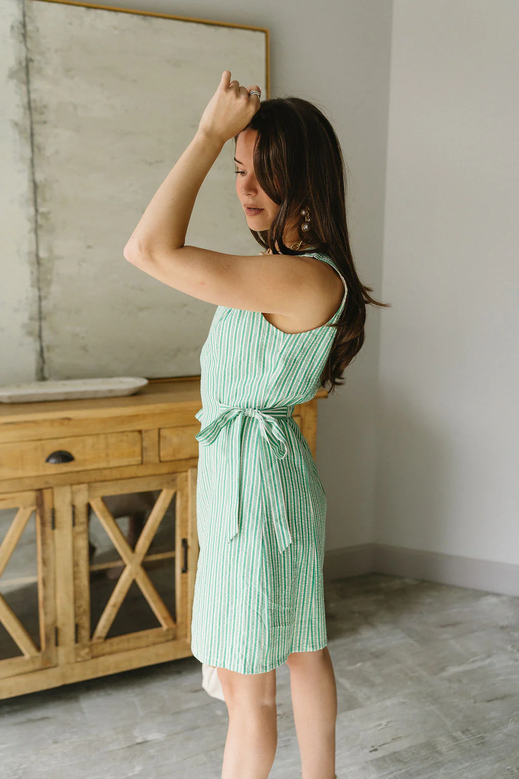 Margot Green & White Stripe Side Ties Mini Dress - Image 3