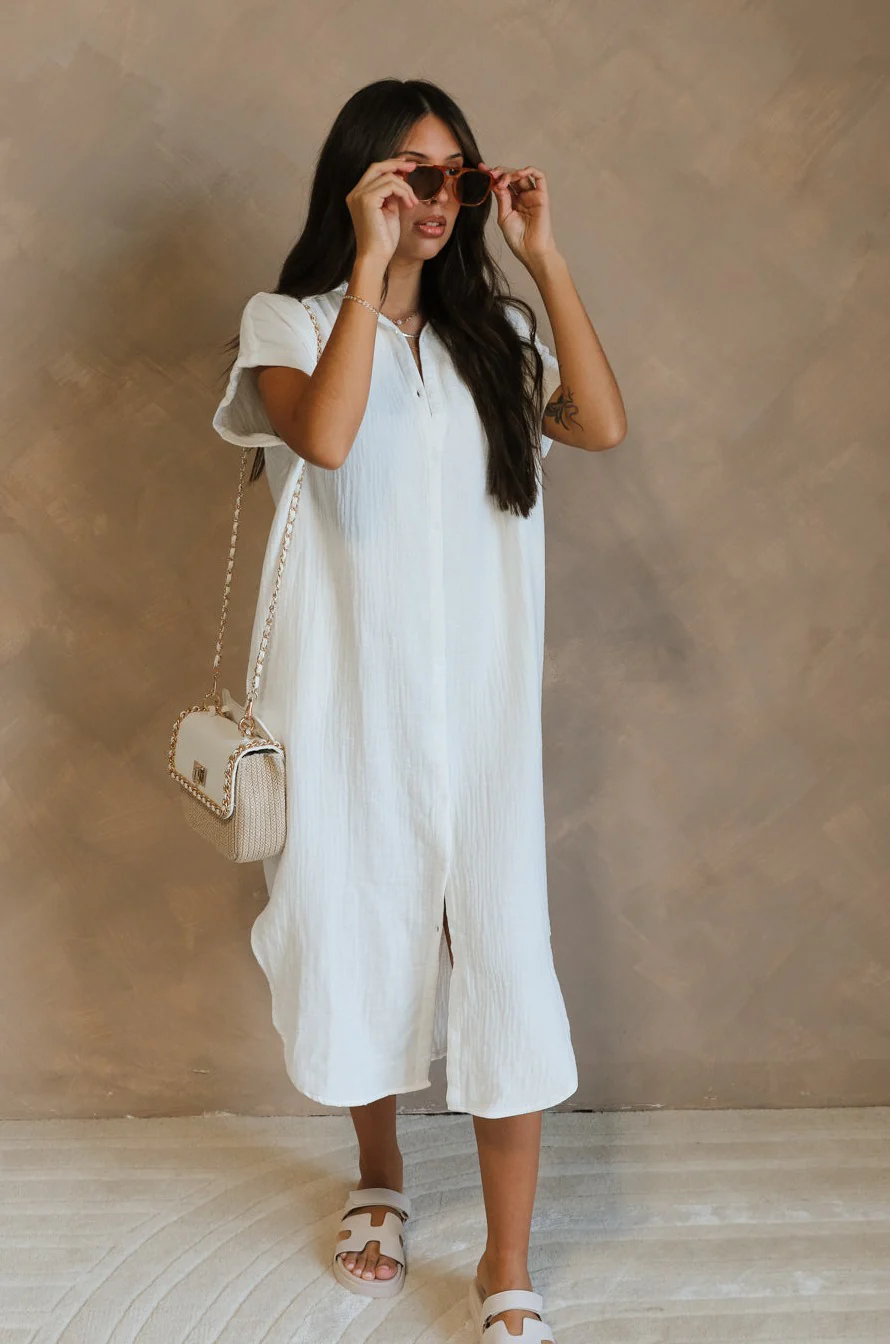 Maris White Button-Up Midi Dress
