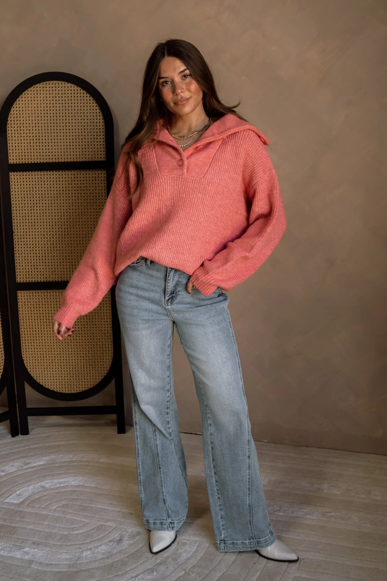 Marlo Coral Pink Knit Quarter Button-Up Sweater - Image 2