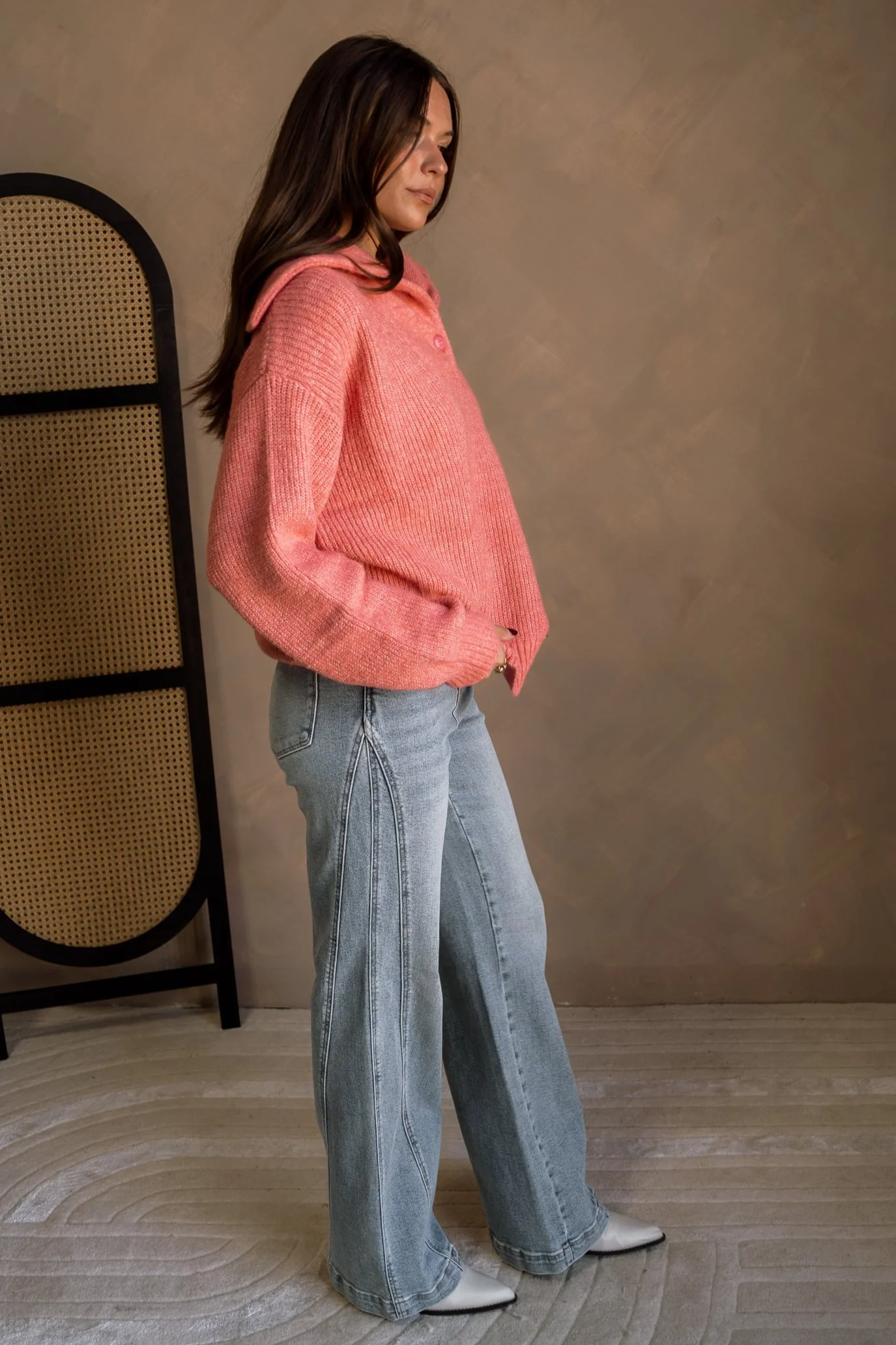 Marlo Coral Pink Knit Quarter Button-Up Sweater - Image 5