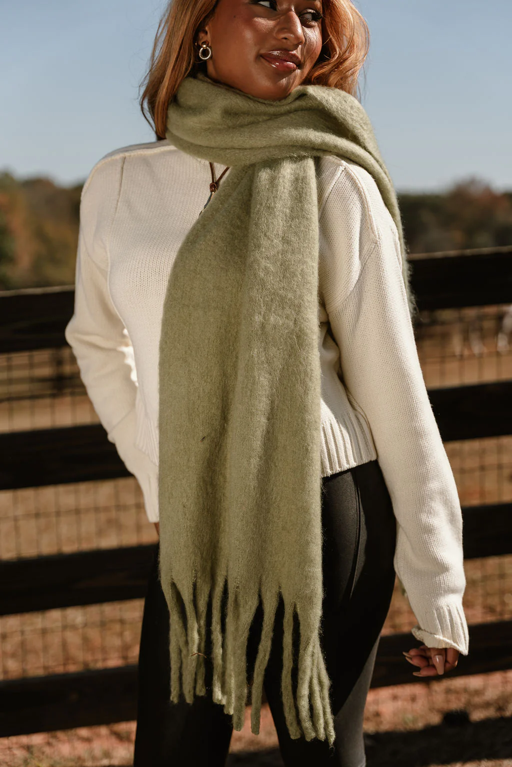 Marlowe Sage Green Fringe Scarf - Image 3