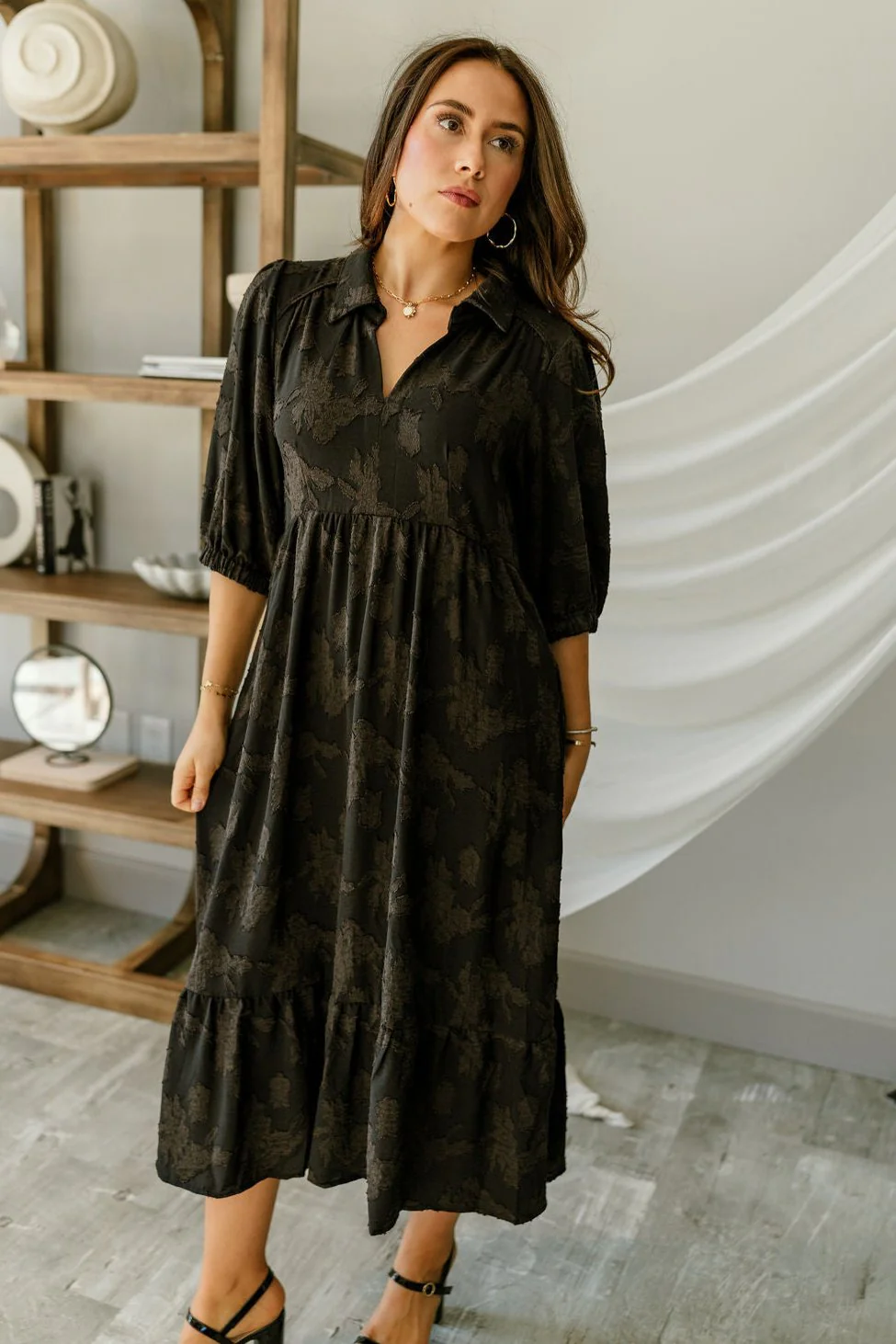 Maya Black Textured Floral Midi Dress