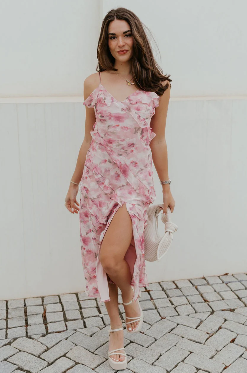 Maya Pink Multi Floral Ruffle Slit Midi Dress