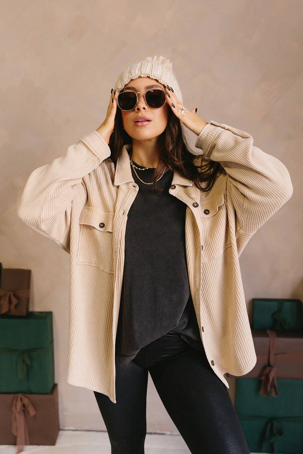 Mckenzie Taupe Thermal Button-Up Top